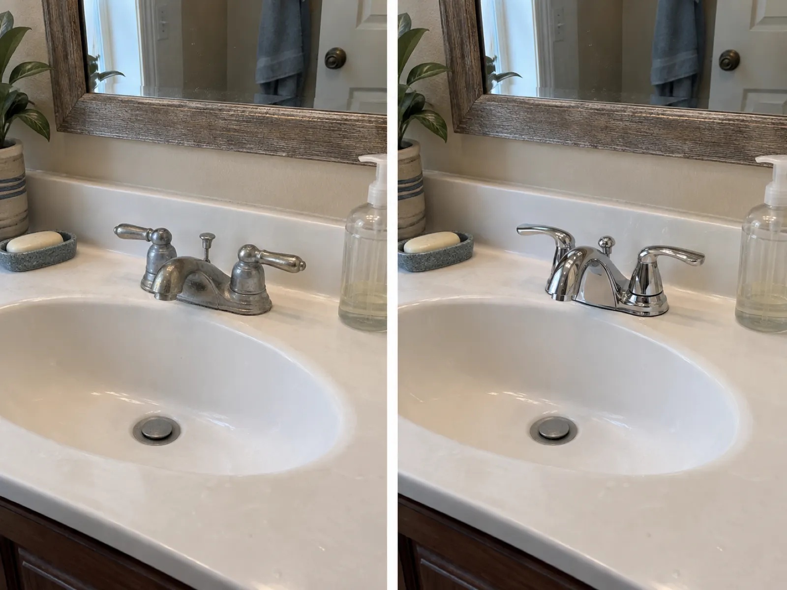 Side-by-side view of a worn bathroom faucet and the shiny new faucet that replaced it
