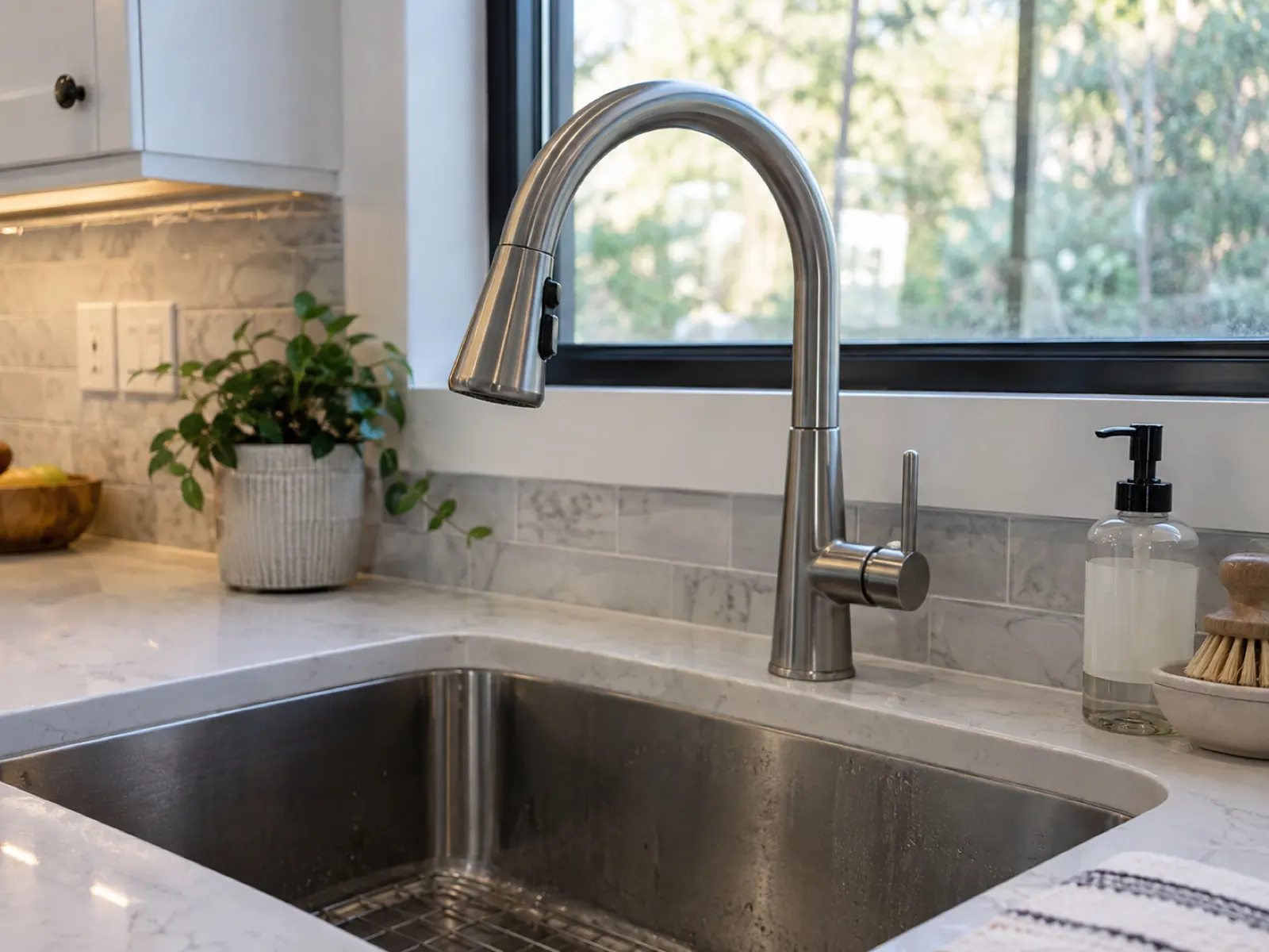 New pull-down kitchen faucet mounted above a stainless steel sink after installation